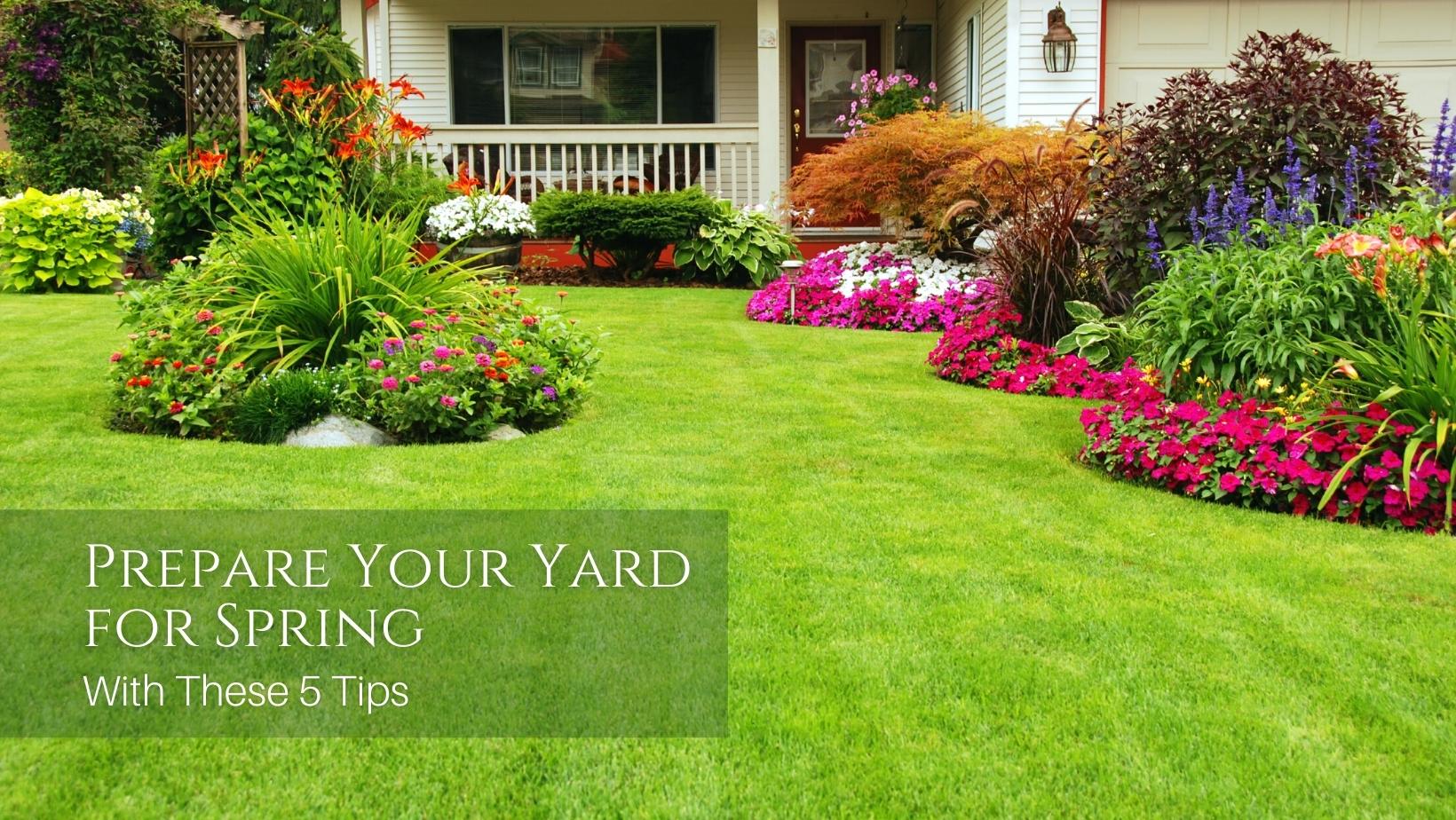 Front lawn, mowed with flowers and plants